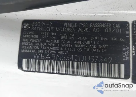 2001 BMW 330Ci z USA, uszkodzony, nr VIN WBABN53421JU37349